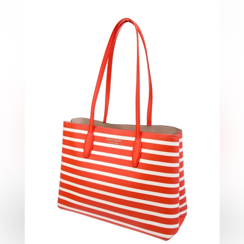 Kate Spade All Day Sailing Stripe Large Tote Matching Pouch Orange and White